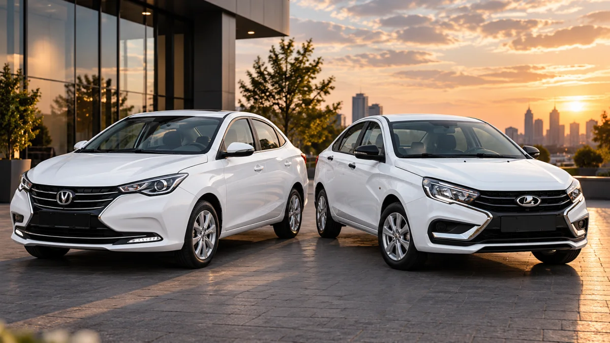 Белые легковые автомобили Changan Alsvin и Lada Vesta